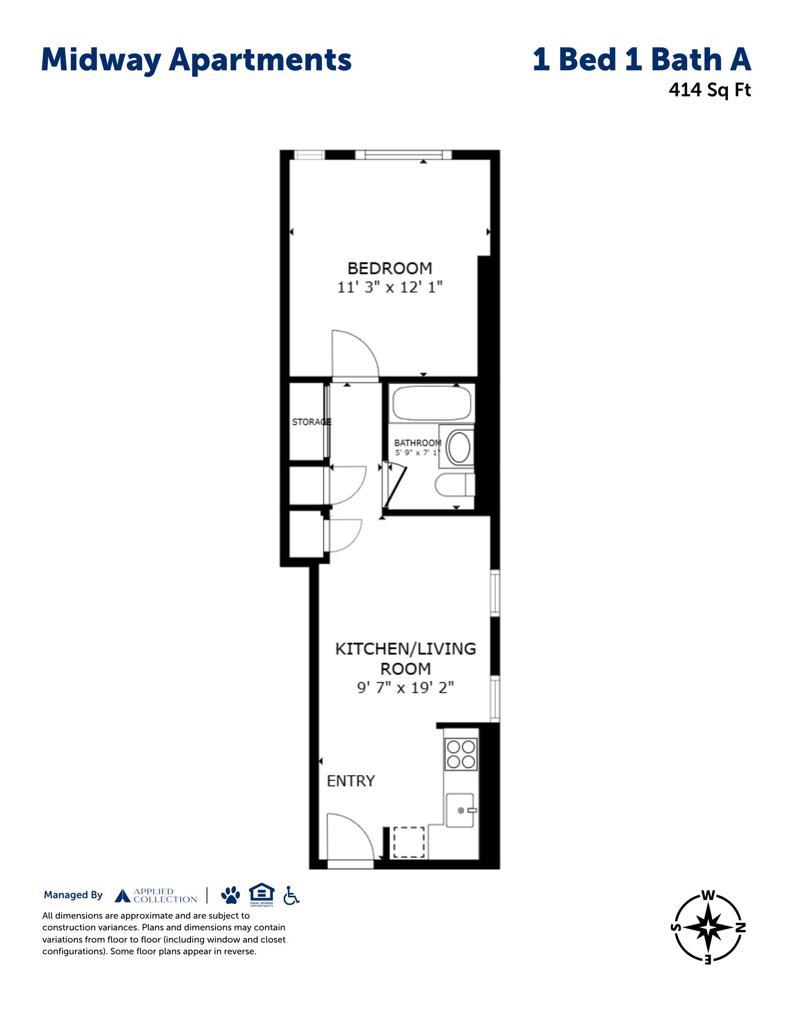 Floor plan for 1 bed, 1 bath, 414 sqft